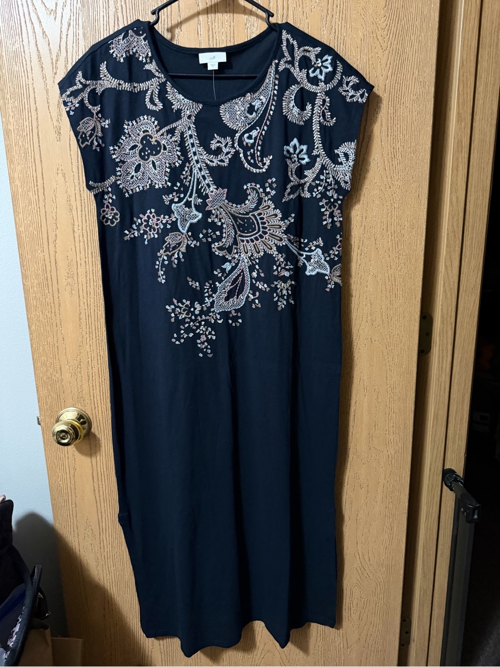J. Jill Navy Maxi Dress with Pink and Cream Floral Embroidery